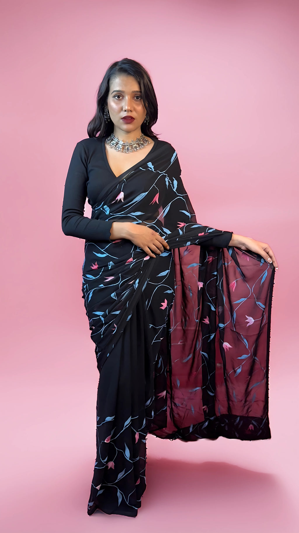 Raat Ki Rani - Black Handpainted Georgette Saree