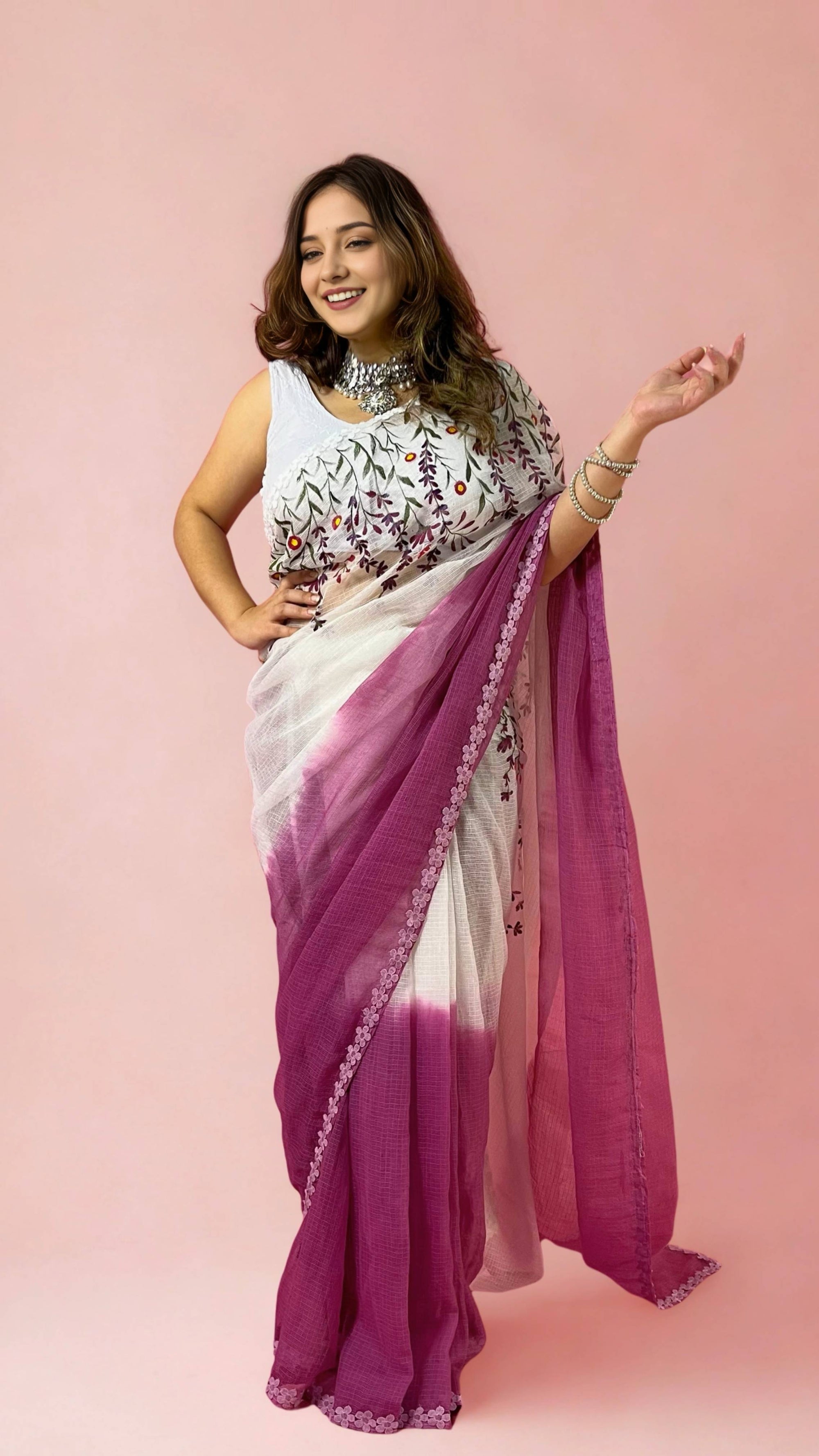 Mulberry Ombre Handpainted Kota Doria