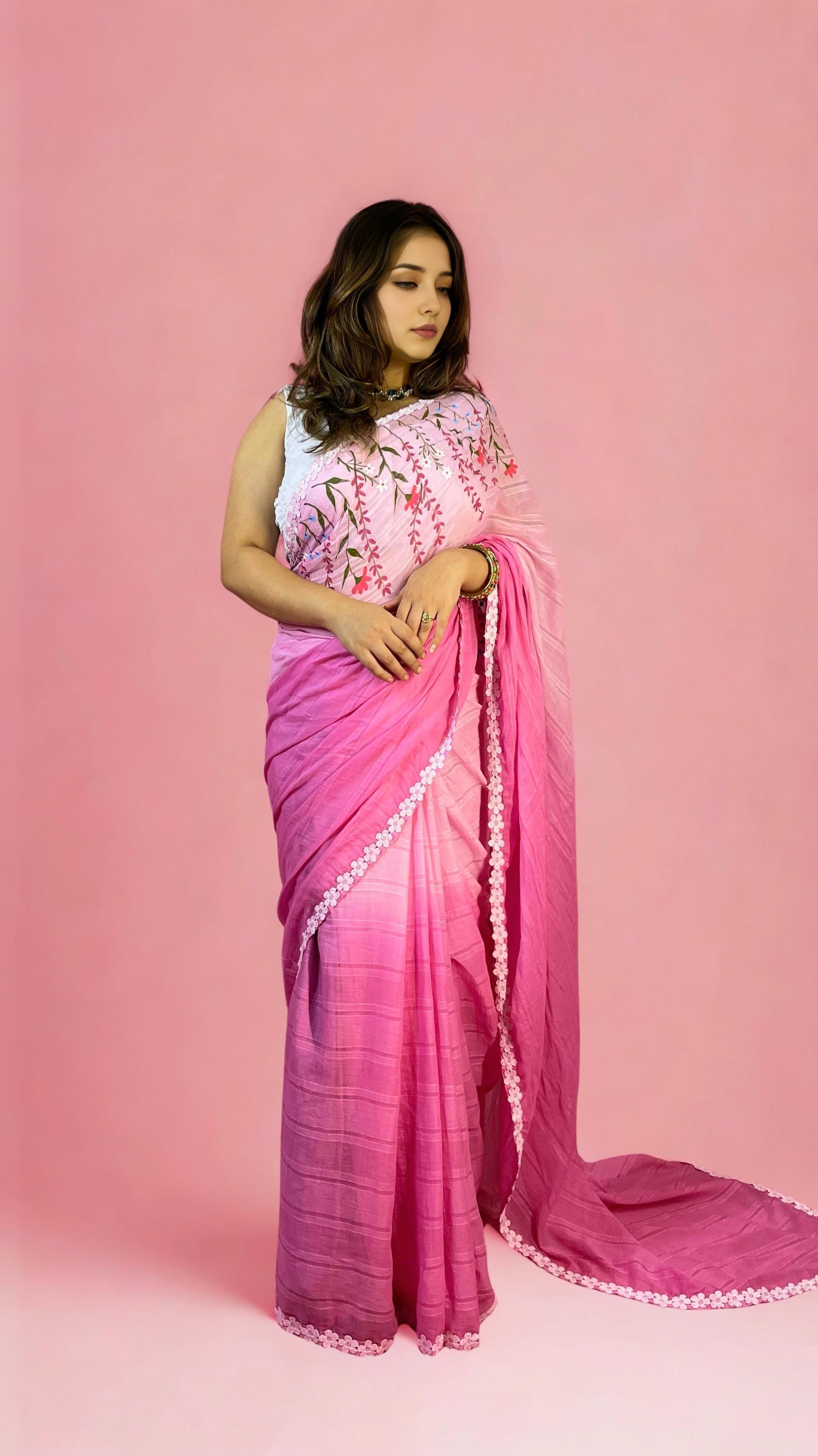 Pink Ombre Hand-painted Mulmul