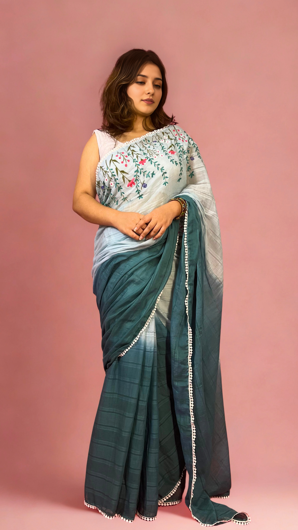 Blue Ombre Hand-painted Mulmul Saree