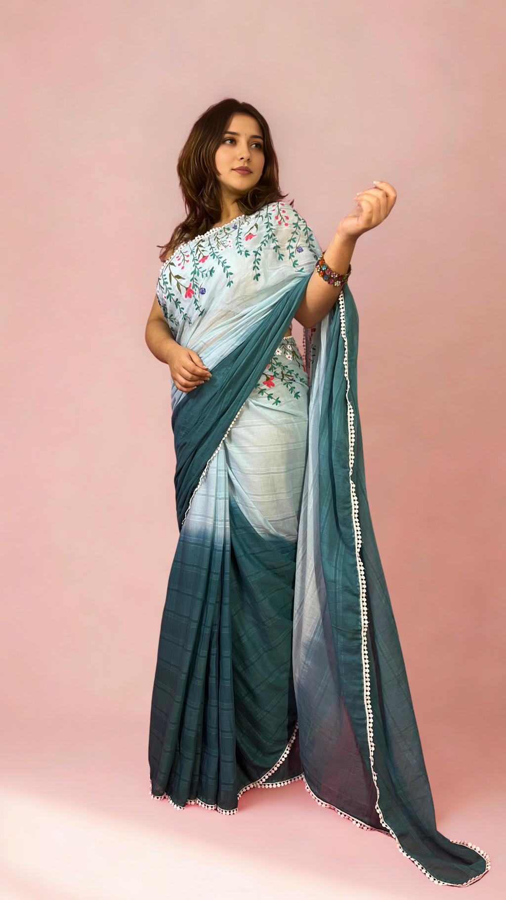 Blue Ombre Hand-painted Mulmul Saree
