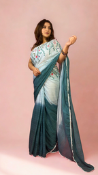 Blue Ombre Hand-painted Mulmul Saree