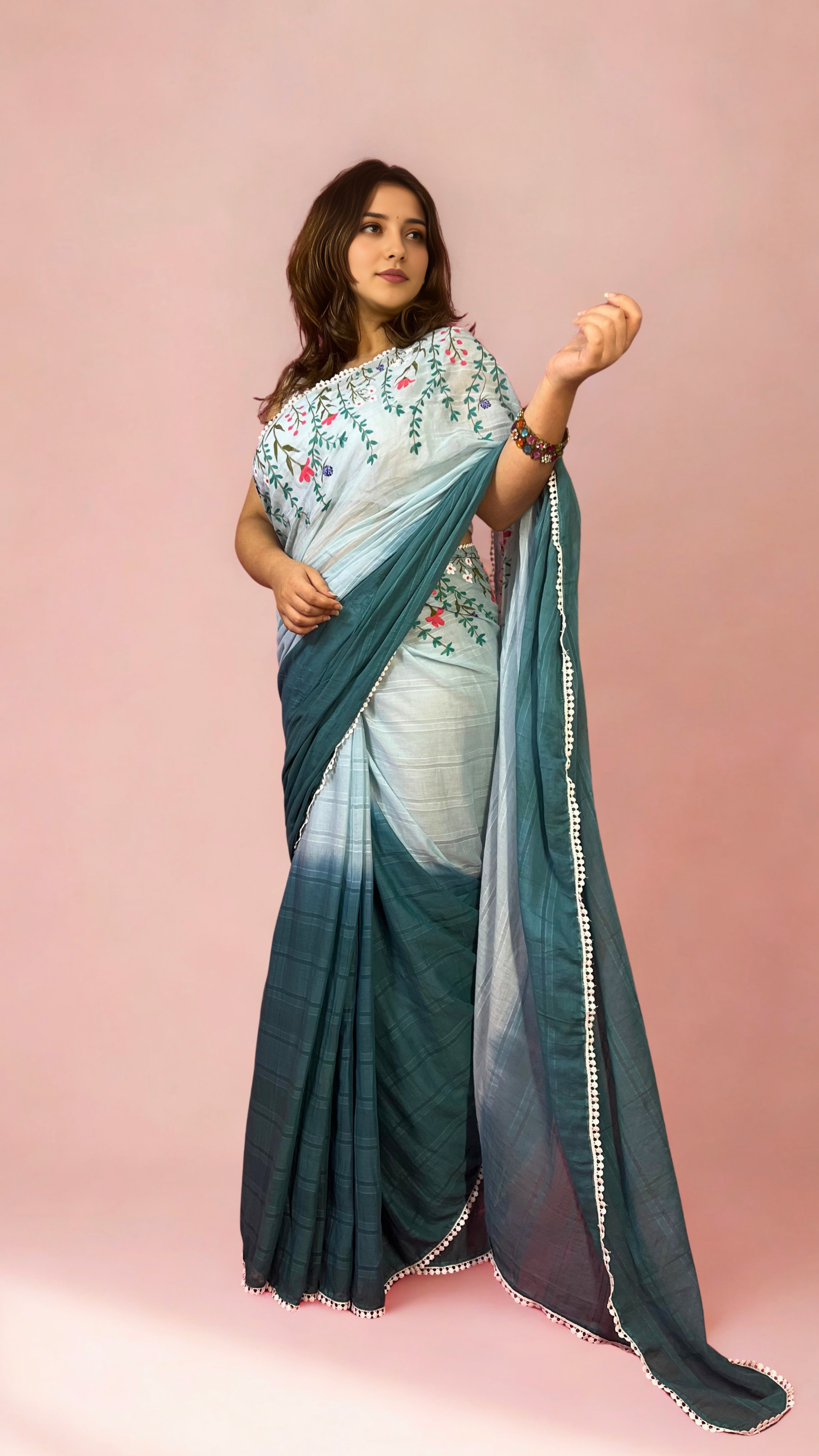 Blue Ombre Hand-painted Mulmul Saree