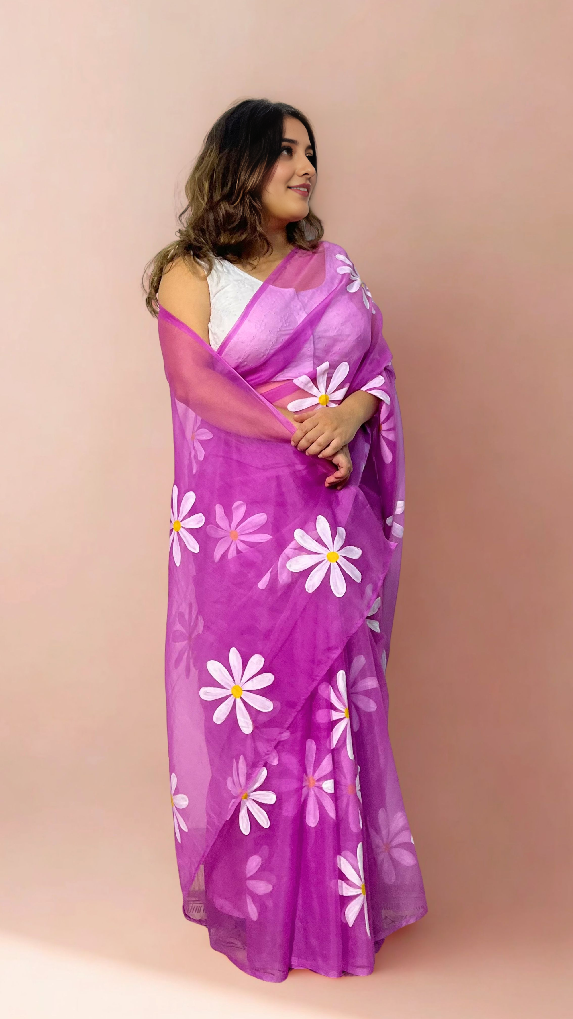 Daisies on Lavender Hand-painted Pure Organza