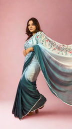Blue Ombre Hand-painted Mulmul Saree