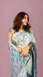 Blue Ombre Hand-painted Mulmul Saree
