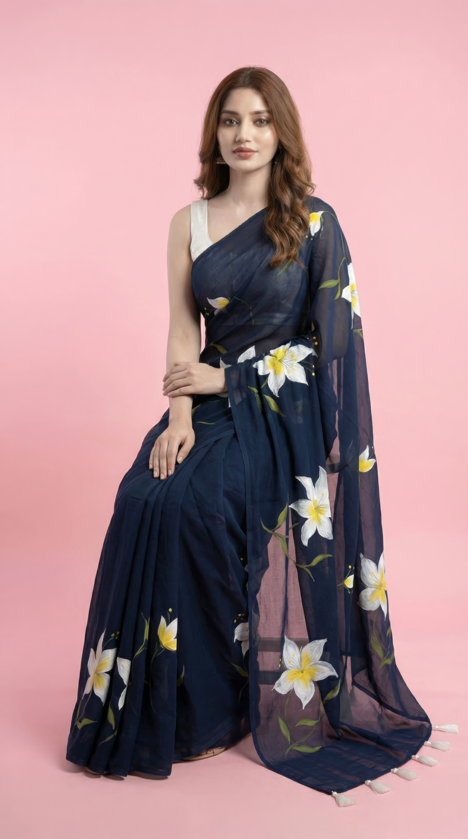 Dark Blue White Lillies Handpainted Georgette