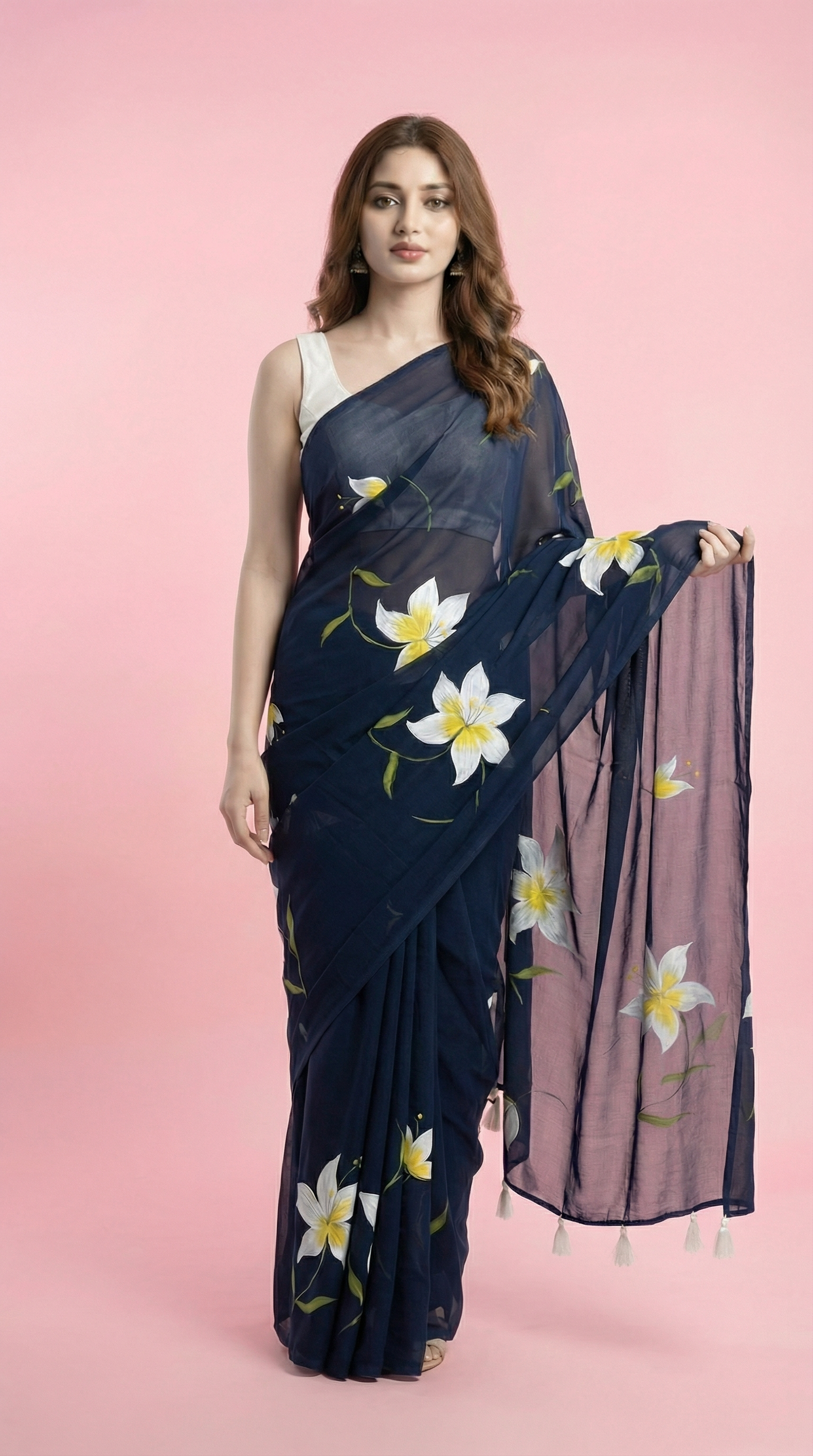 Dark Blue White Lillies Handpainted Georgette