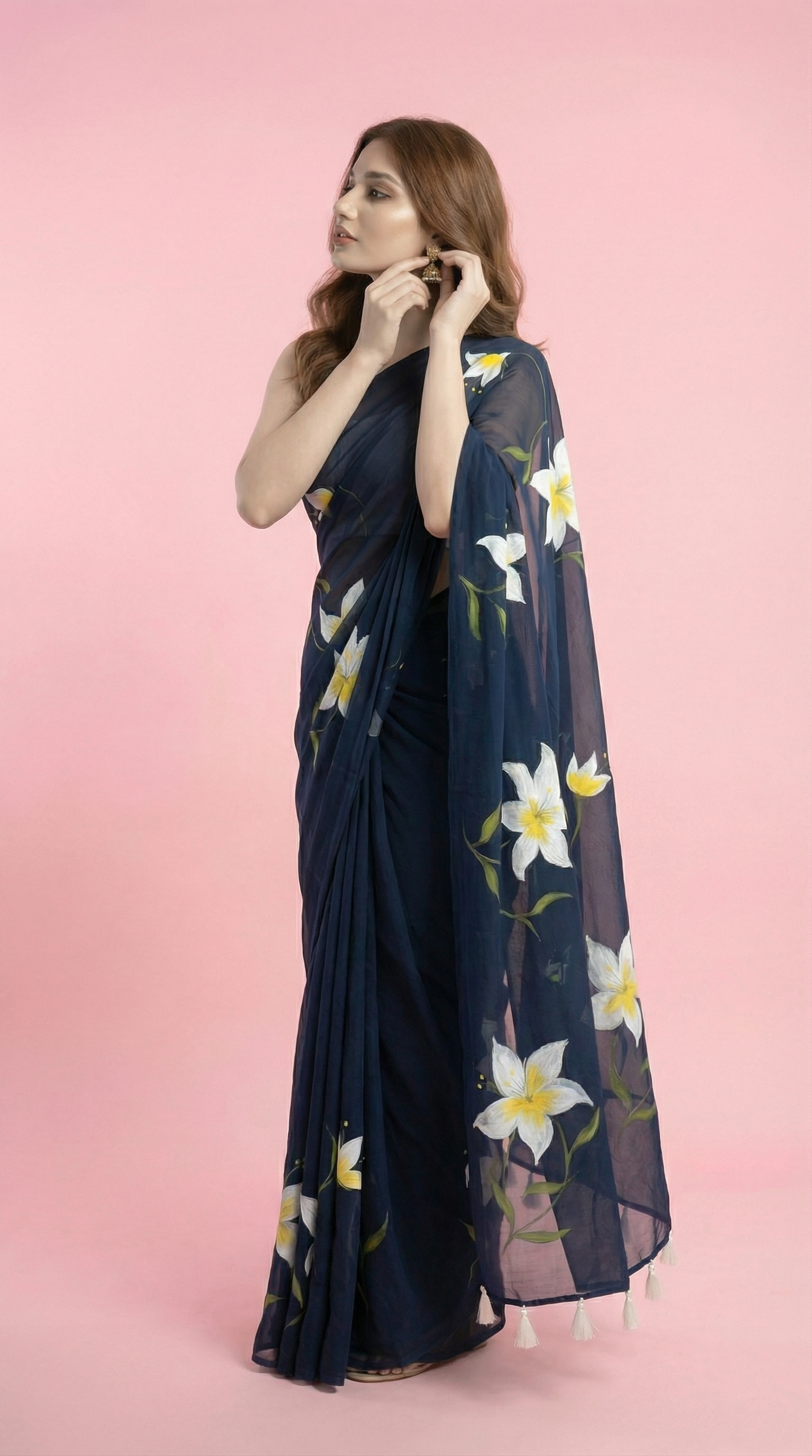 Dark Blue White Lillies Handpainted Georgette