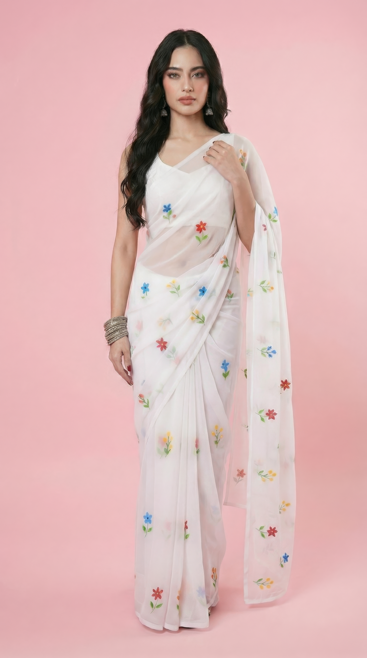 Chandani White Handpainted Georgette