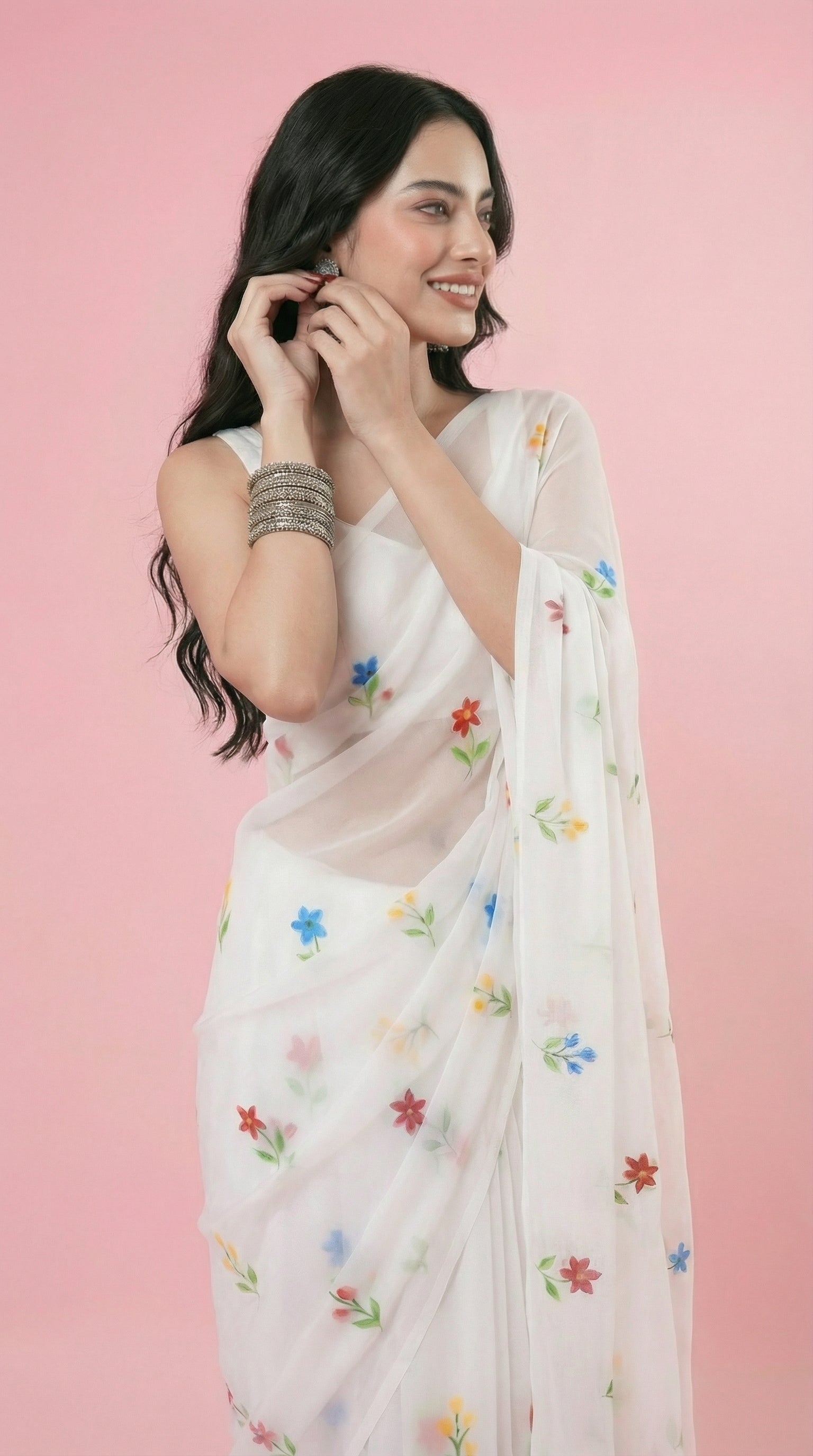 Chandani White Handpainted Georgette