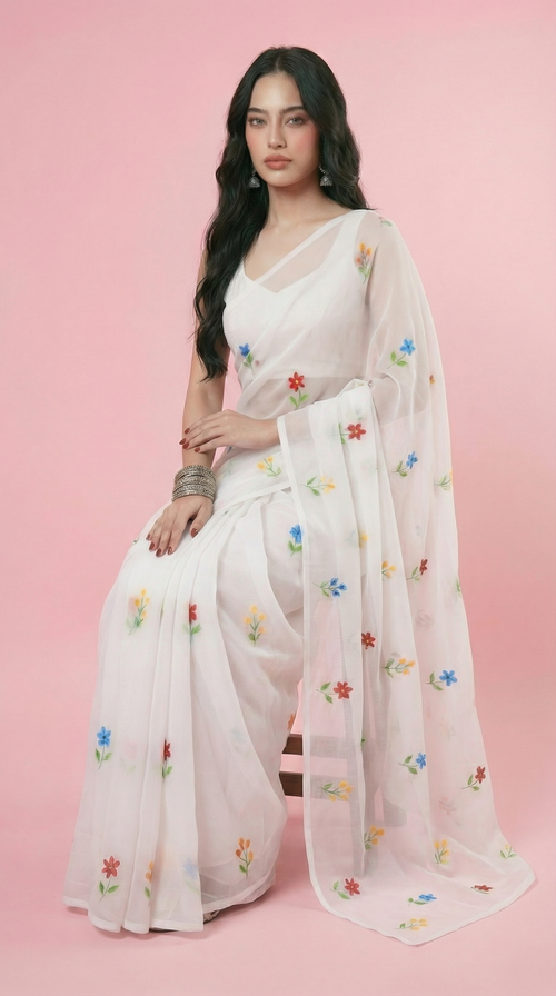 Chandani White Handpainted Georgette