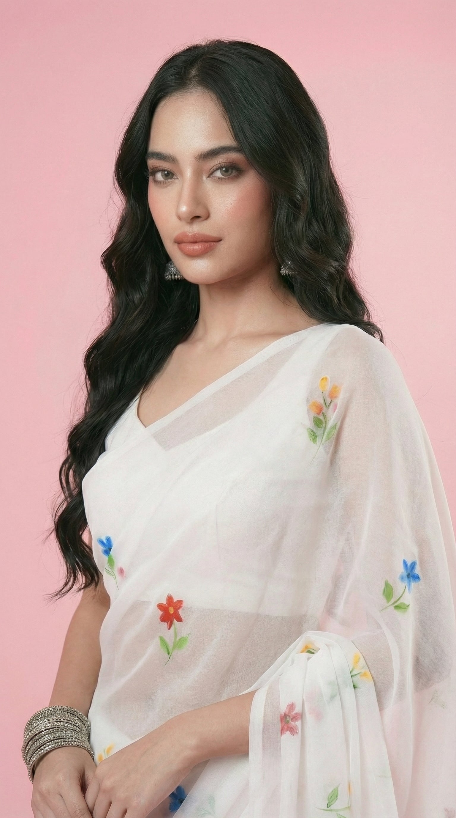 Chandani White Handpainted Georgette