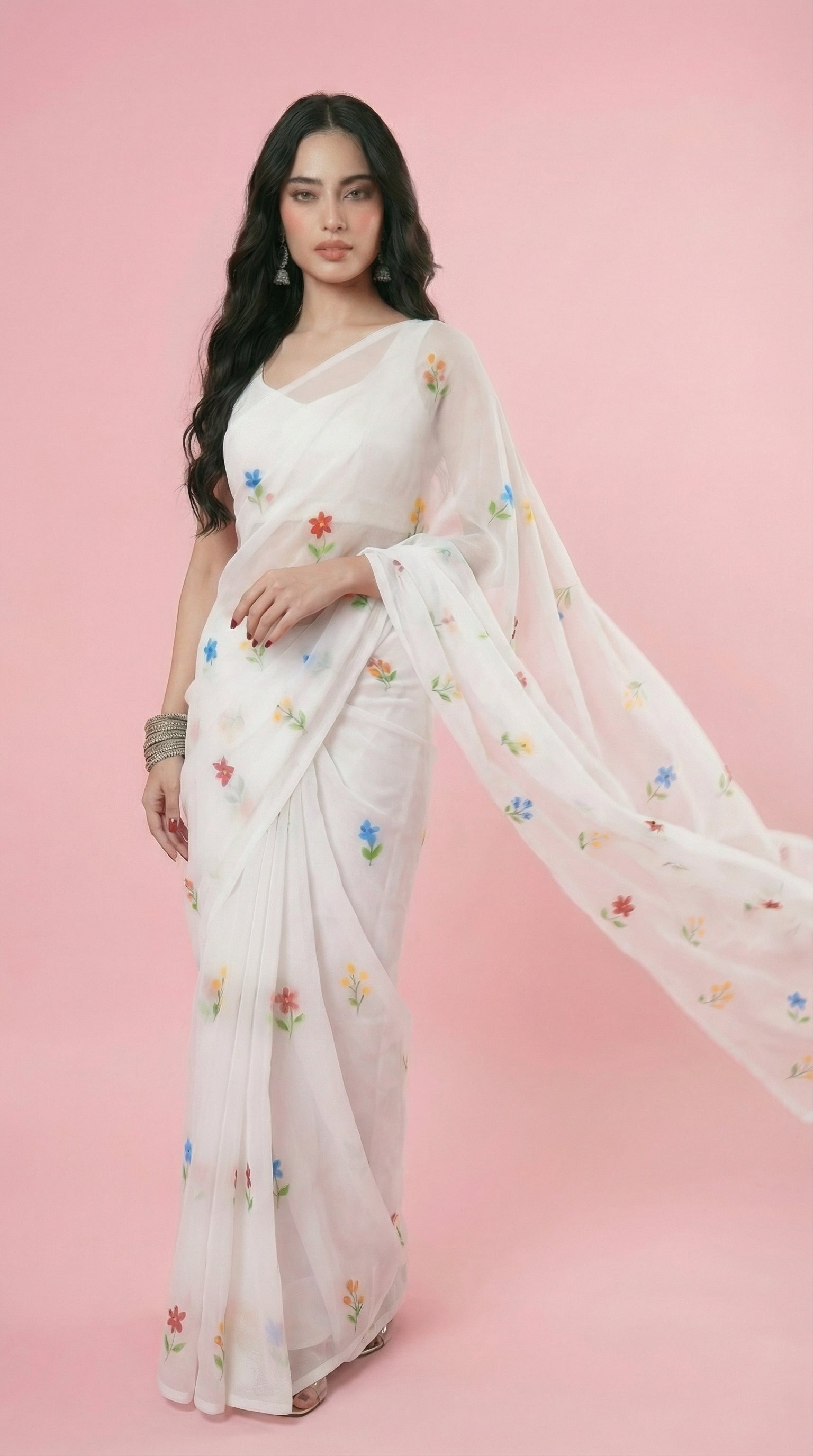 Chandani White Handpainted Georgette